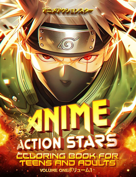 Anime Action Stars coloring book cover featuring dynamic manga art, ideal for teens and adults, Volume 1.