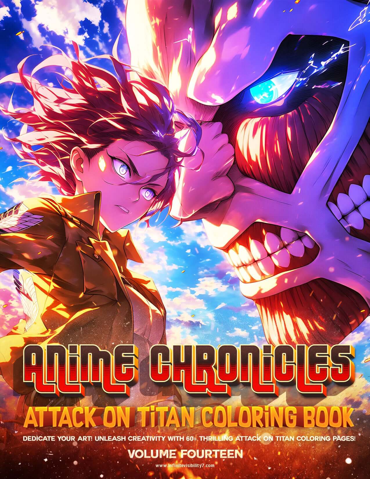 Anime Chronicles Attack on Titan Coloring Book Vol 14 mockup with Eren vs Colossal Titan cover & Mikasa Ackerman on spine, digital download for AOT fans.