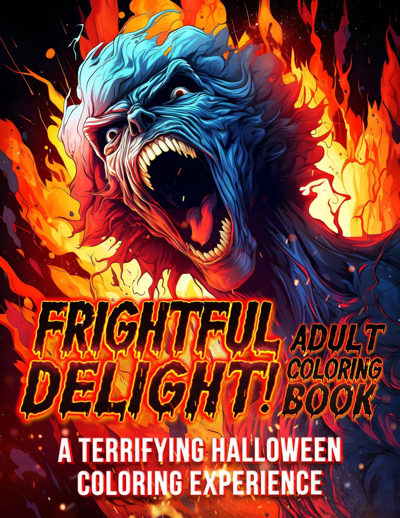 Frightful Delight adult coloring book cover featuring a haunting face in flames for Halloween coloring fun.
