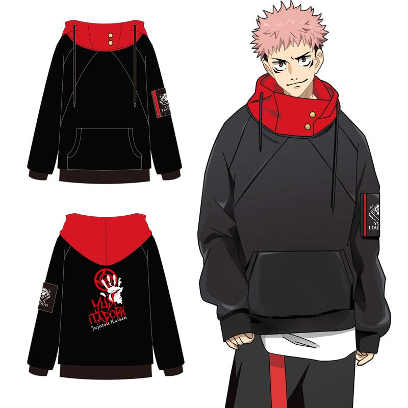 Jujutsu Kaisen Tracksuit featuring Gojo & Yuji designs, casual premium hoodie, black and red color combination.