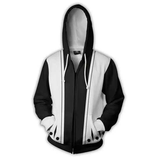 A premium Bleach Anime Hoodie featuring Kurosaki Ichigo and Kenpachi Zaraki graphic art, designed as a cozy cosplay sweatshirt.