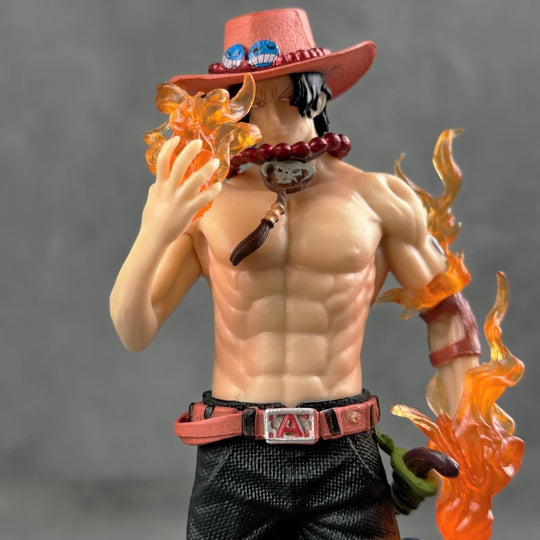 A premium Fire Fist Ace Figure DX 10th Anniversary edition made of PVC, showcasing Portgas D. Ace with flame effects in a dynamic battle pose.
