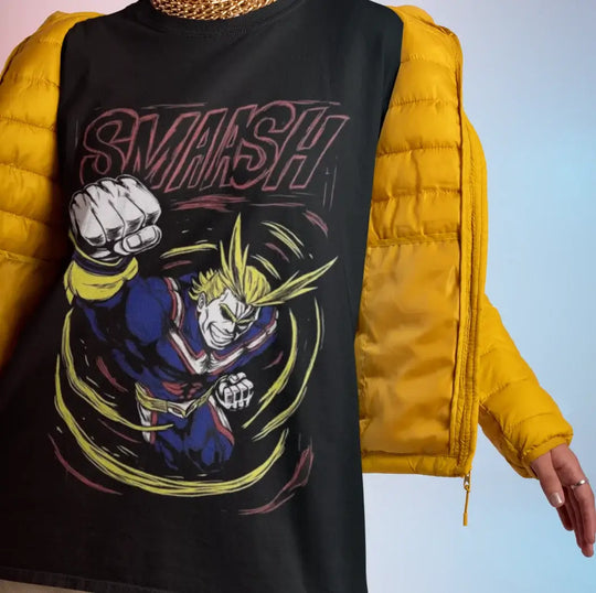 A high-quality All Might Shirt featuring a collage graphic of Izuku Midoriya, Katsuki Bakugo, Shoto Todoroki, and Dabi for anime fans.