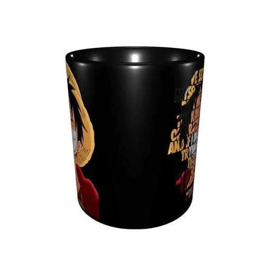 A ceramic Monkey D Luffy Quotes One Piece Mug featuring funny anime text and pirate character art, designed as a durable present for kids.