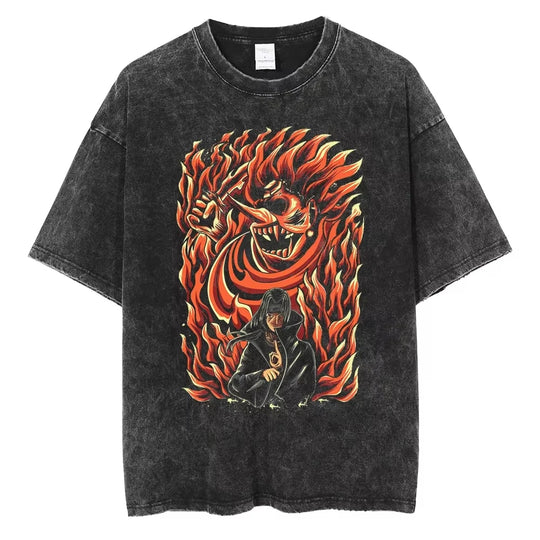 A washed black Naruto Vintage T-Shirt featuring a hip hop style anime print, designed as Harajuku streetwear for men and women.