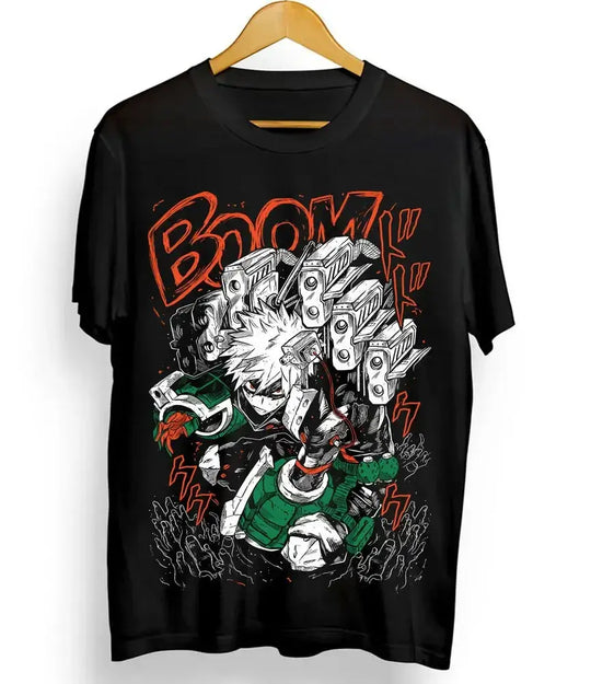 An oversized black Bakugou T-Shirt featuring a graphic print of Katsuki Bakugou and Izuku Midoriya, styled as women's Y2K streetwear.