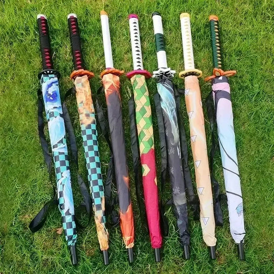 A black Tanjiro Katana Umbrella featuring a replica Nichirin sword handle and UV blocking canopy, inspired by the Demon Slayer anime.