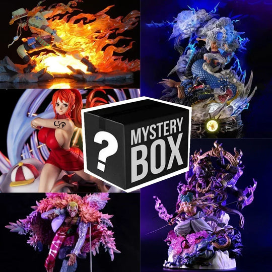 A One Piece Mystery Box containing a random collectible action figure ranging from 10cm to 30cm, featuring Luffy Gear 5 and Yonko silhouettes.