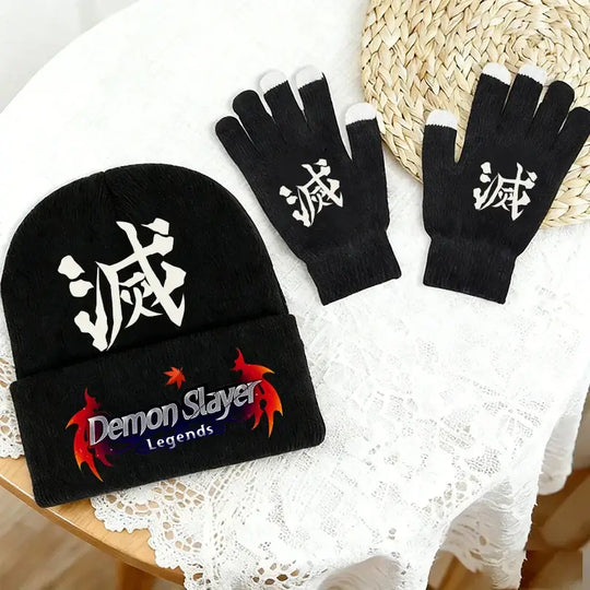 A warm 2pcs Demon Slayer Hat Gloves Set featuring the green Tanjiro Kamado checkered pattern, knitted winter accessories for boys and girls.