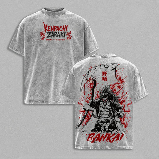 Kenpachi Zaraki Bleach Vintage Washed Soft Cotton T-Shirt featuring bold graphic design and symbolic elements.