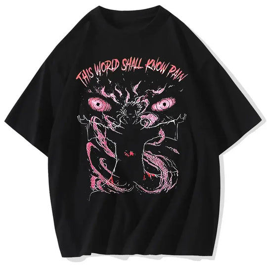 A men's retro washed 100% cotton Anime Pain Printed T Shirt in a Harajuku streetwear hip hop style.
