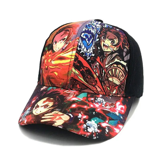 A trendy Demon Slayer Baseball Cap featuring graphic prints of Tanjiro and Nezuko, designed as an adjustable hip hop sun hat for men and women.
