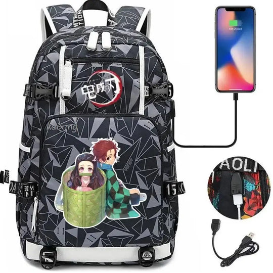 A pink and black Nezuko Demon Slayer Backpack featuring a USB charging port and kawaii anime character art, designed for teen girls and students.