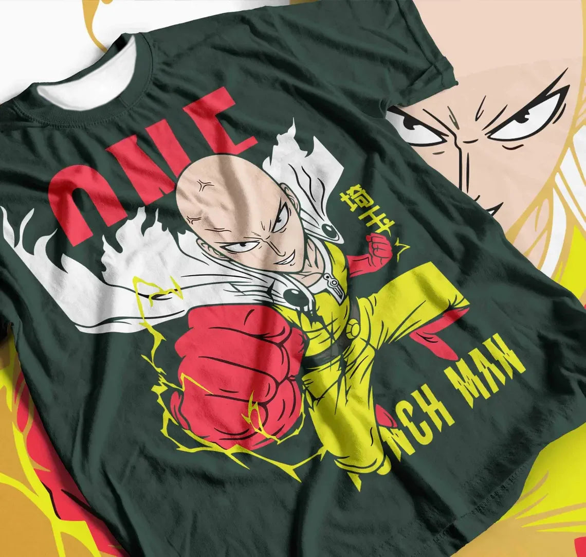 A loose-fit Saitama T-Shirt featuring a high saturation 3D print of the Critical Pose and color-blocked design for One Punch Man fans.