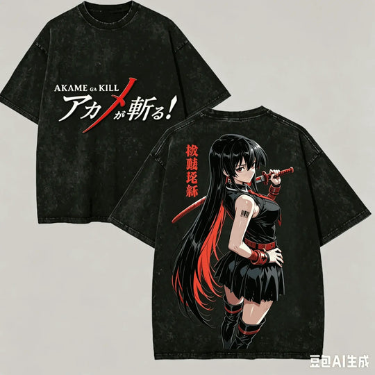 Akame ga Kill Washed Anime T-Shirt featuring a character design, oversized Harajuku style, and a vintage look.