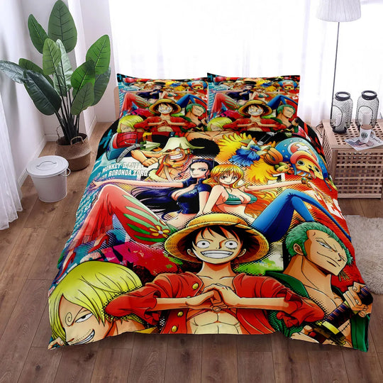 A vibrant One Piece Bedding Set featuring Monkey D. Luffy anime art on a duvet cover and pillowcase, designed for children's bedroom decor.