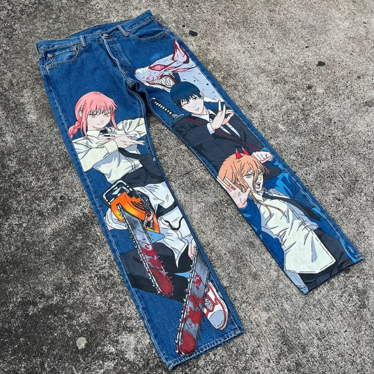 Trendy Cartoon Print Jeans featuring a high street graphic design, styled as loose wide-leg Harajuku denim for men and women.
