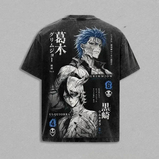 Ulquiorra & Grimmjow Washed T-Shirt featuring iconic characters from Bleach Manga, stylish Harajuku design in breathable cotton.