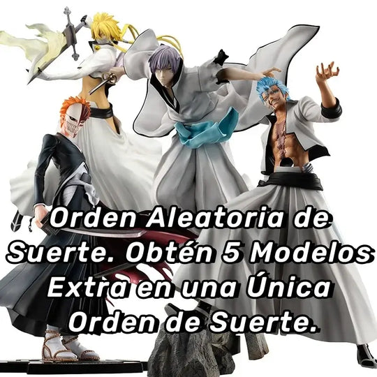 A vibrant Bleach Blind Box packaging revealing highly detailed anime action figures of Kurosaki Ichigo, Sosuke Aizen, and Rukia Kuchiki for collector display.