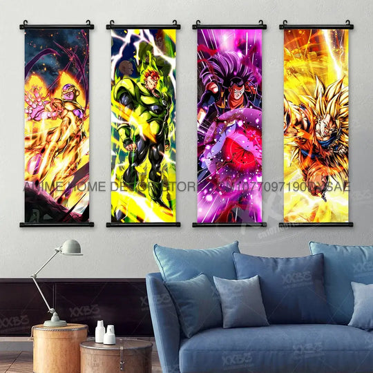 High-definition Dragon Ball Posters hanging scroll wall art featuring Son Goku, Vegeta, and Frieza printed on canvas for home decor.