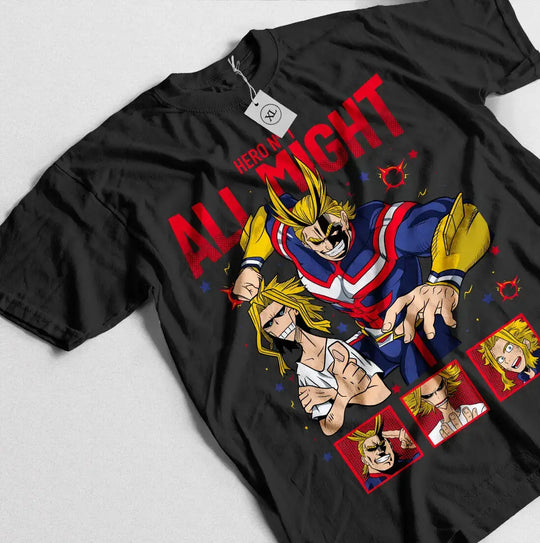 A premium All Might T-shirt featuring a manga armor strip graphic of All Might and Hawks, designed as a gift for My Hero Academia fans.