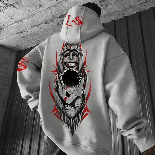 An oversized Solo Leveling Anime Hoodie featuring a dynamic graphic print of Sung Jin-Woo, styled as comfortable streetwear for men and women.