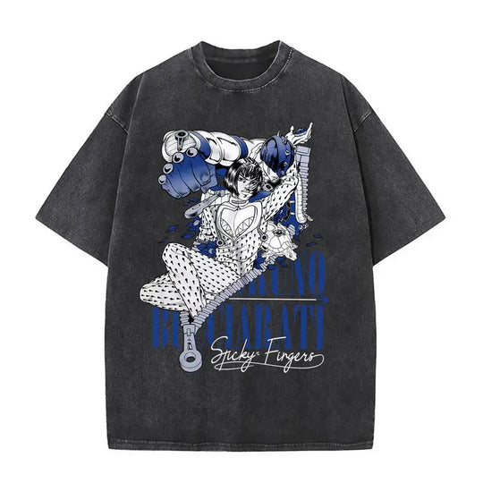 A washed Jojo Bizarre Adventure Vintage T-shirt featuring high-quality manga prints of Jotaro Kujo, Dio, and Giorno for men and women.