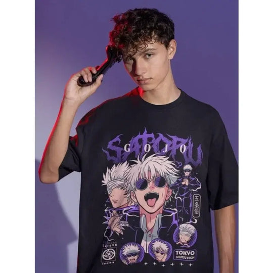 A trendy oversized Gojo Satoru T-Shirt featuring a funny horror graphic of Mahito from Jujutsu Kaisen, designed as anime streetwear.