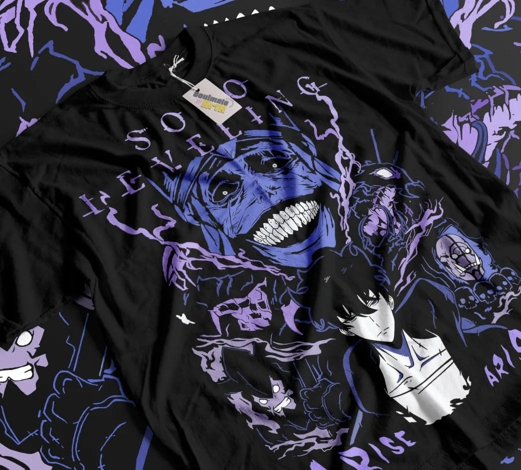 A premium Solo Leveling T-Shirt made of soft cotton, featuring a dynamic anime graphic of Sung Jin Woo and the Shadow Army.