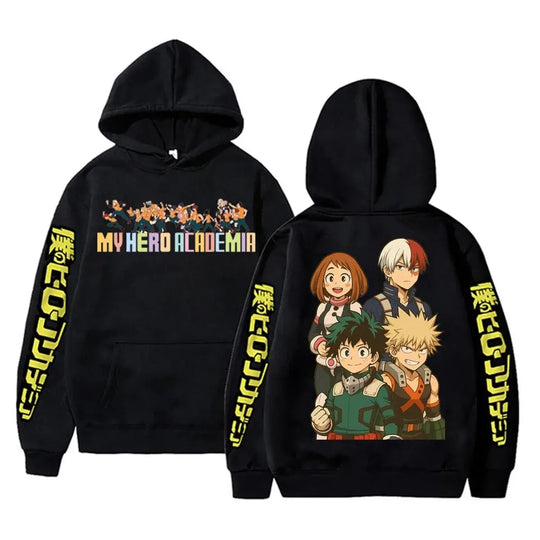 An oversized Midoriya Izuku Hoodie featuring a black and white manga graphic print, styled as unisex Harajuku streetwear for men and women.