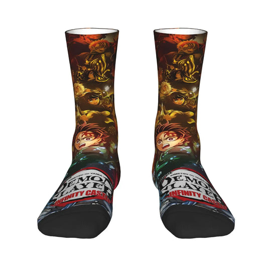 Breathable Demon Slayer Socks featuring Nezuko Kamado and Giyu Tomioka patterns, designed as trendy non-slip skateboard stockings for men and women.