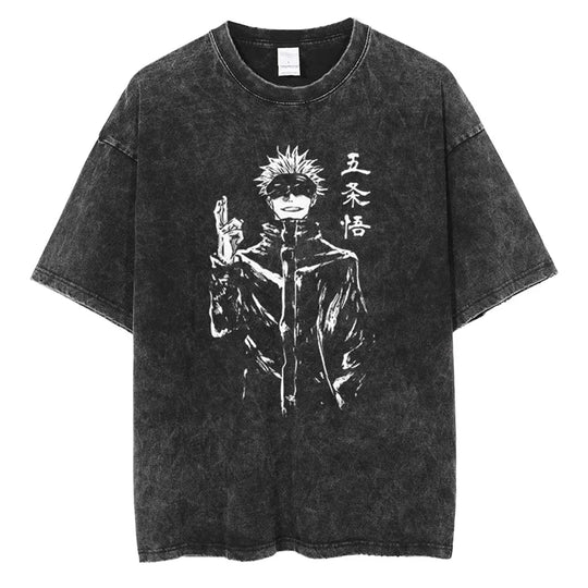 Yuji and Sukuna Split Face T-Shirt featuring a split-face design in retro style and washed cotton fabric.