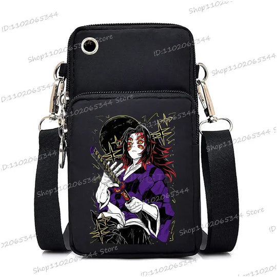A trendy Demon Slayer Phone Bag featuring anime art of Nezuko Kamado and Mitsuri Kanroji, designed as a Harajuku mini crossbody purse for women and men.