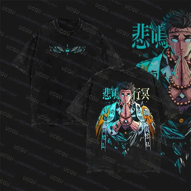 A vintage-washed Gyomei Himejima T-shirt made of soft cotton, featuring a graphic print of the Stone Hashira for men's Harajuku streetwear.