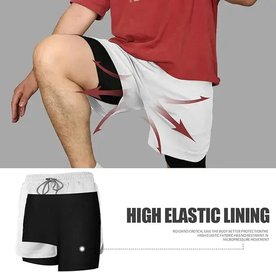 A man wearing the white One Piece Running Shorts for the gym, with a double layer and Straw Hat Crew design.