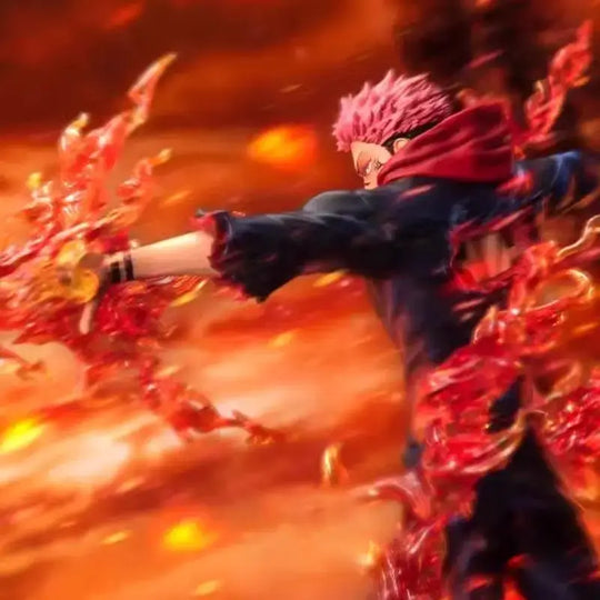 A highly detailed Ryomen Sukuna Figure made of premium PVC, showcasing the Jujutsu Kaisen King of Curses in an extreme battle stance for desktop decoration.