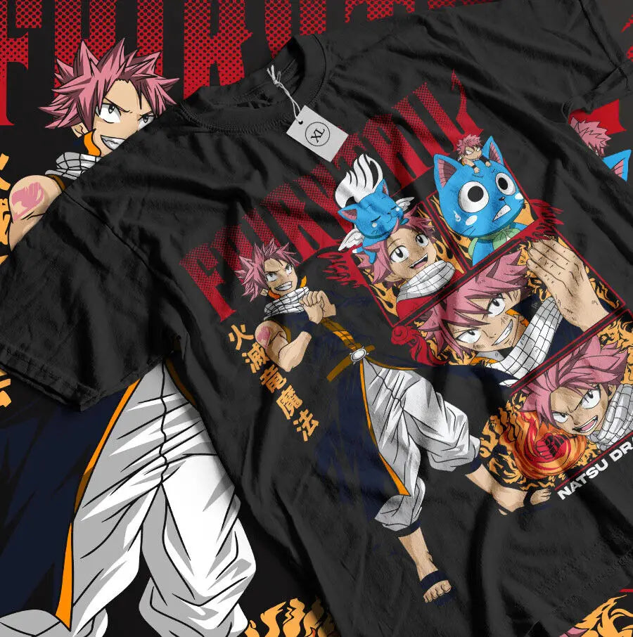 Fairy Tail T-Shirt featuring Natsu Dragneel and Happy, designed for anime fans, perfect for Dragon Slayers.