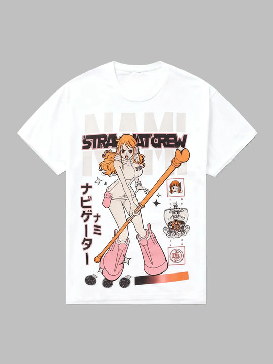 A trendy Nami Egghead Island T-Shirt by MINISO, featuring a retro Y2K graphic print of Nami's future outfit on soft cotton for men and women.