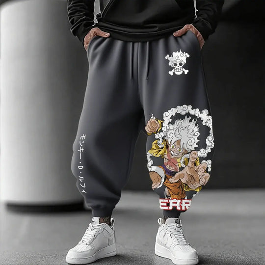 Trendy Luffy Gear 5 Pants featuring a graphic print of Sun God Nika, designed as casual hip-hop sweatpants for men's gym and streetwear fashion.