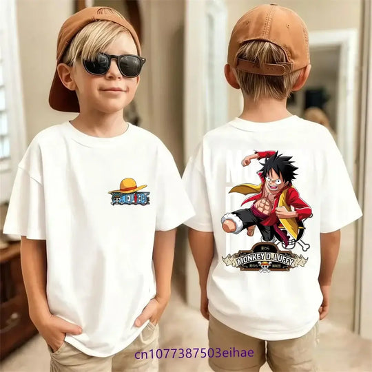 One Piece kids t-shirt Luffy and crew design flat lay front view white background