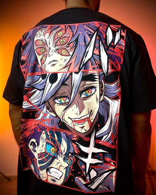 A couple wearing matching oversized Demon Slayer Graphic T Shirts in a hip hop, Y2K streetwear style.