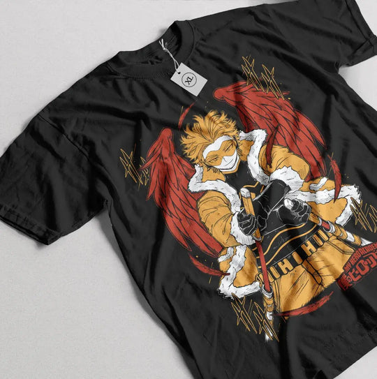 A premium Wing Hero Hawks T-Shirt featuring a dynamic anime graphic of Keigo Takami with red wings, styled as casual manga fashion.