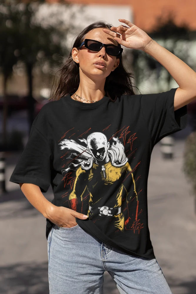 A black Saitama T-Shirt featuring a gritty horror manga graphic of the One Punch Man protagonist, styled as unisex streetwear.