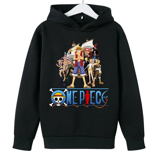 A trendy One Piece Kids Hoodie featuring cartoon graphic prints of Luffy and Zoro, designed as a casual spring and autumn pullover for children.