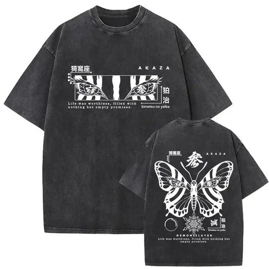 A vintage-style washed Akaza Koyuki T-shirt featuring a romantic manga graphic of Hakuji and Koyuki, oversized cotton streetwear.
