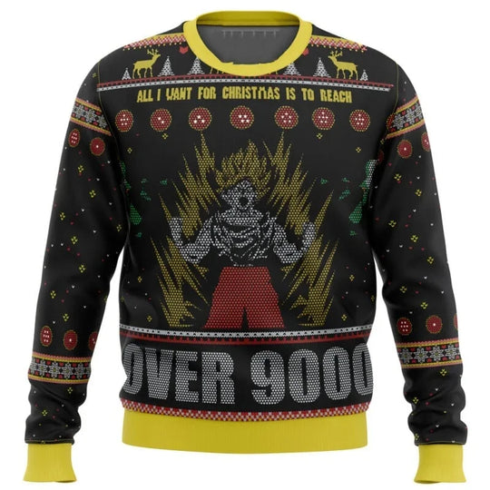 A vibrant Dragon Ball 3D Sweatshirt featuring Goku Super Saiyan art, styled as a Christmas jersey for men and children.