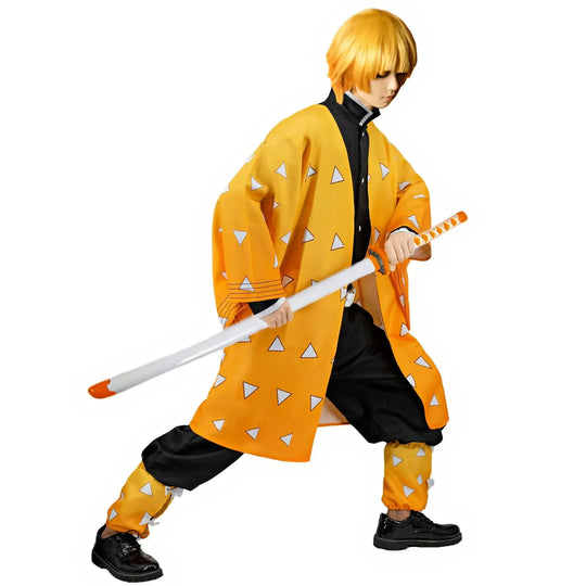 A complete Zenitsu Cosplay Costume featuring the yellow triangle-patterned haori, black uniform, and blonde wig for Halloween.