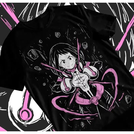 A trendy unisex Ochaco Uraraka T-Shirt featuring cute Uravity anime graphic art, designed as soft cotton 2025 four seasons cosplay fashion.