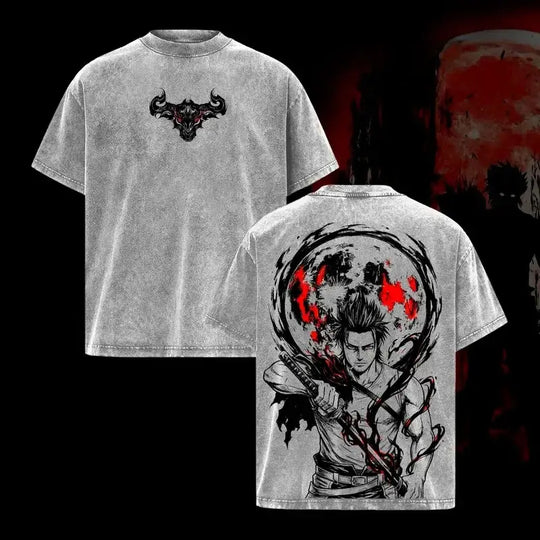 Yami Sukehiro Black Clover Washed T-Shirt close-up showing printed character artwork and washed finish