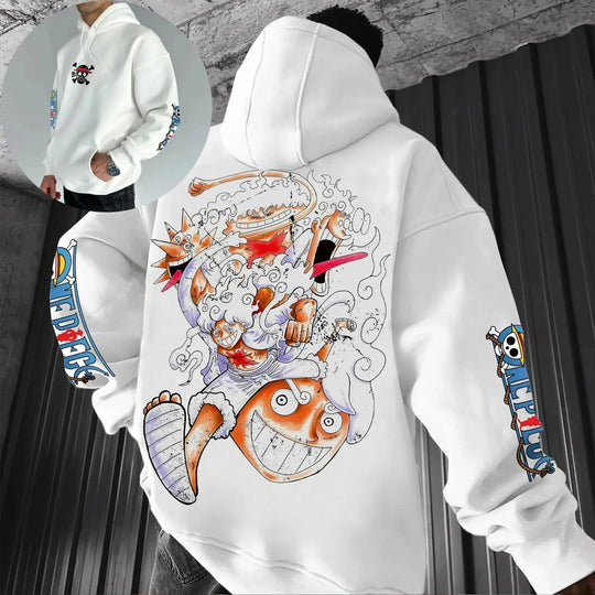 A men's cotton One Piece Luffy Gear 5 Nika Black Hoodie, suitable for casual autumn and winter streetwear fashion or anime cosplay.